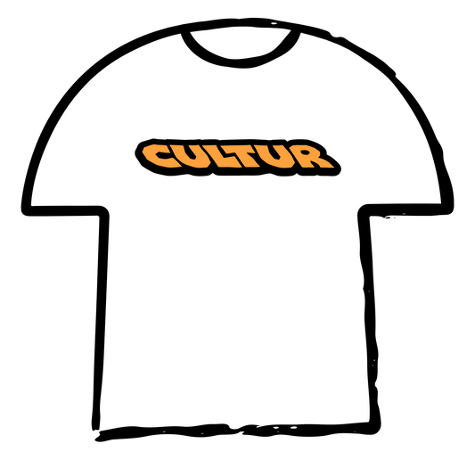 Outline of a t-shirt with 'CULTUR' text on a white background